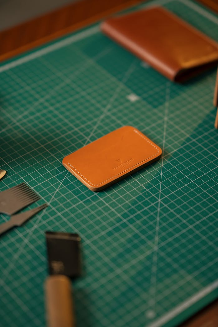Close-up of leather crafting tools and wallets on a cutting mat in a workshop.